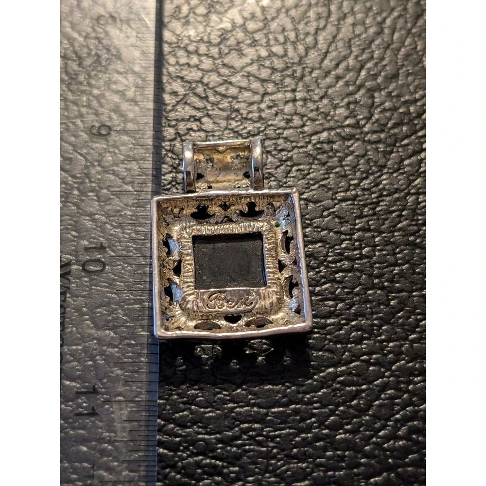 Vintage Black Pendant Silver Tone Square Stone Filigree Ornate Signed Best
